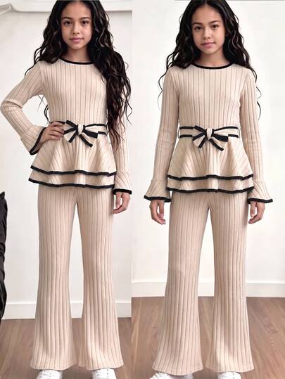 SHEIN 2-teiliges Set für Tween-Mädchen mit kontrastierendem Saum, geripptem Strick, mehrlagigem Peplum-Top in Aprikose, ausgestellter Hose, elegantem Schleifen-Taillenzug und ausgestellten Ärmeln, Herbst-Outfit
