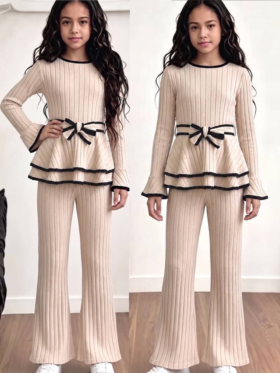 SHEIN Tween Girls Contrast Trim Rib-Knit Apricot Layered Peplum Top & Flare Pants 2pcs Set Elegant Bow Cinched Waist Flare Sleeve Outfit Autumn - Khaki - View 1