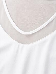 LUMIGAL Women's Solid Color Contrast Mesh V-Neck Long Sleeve Loose Top - White - View 5