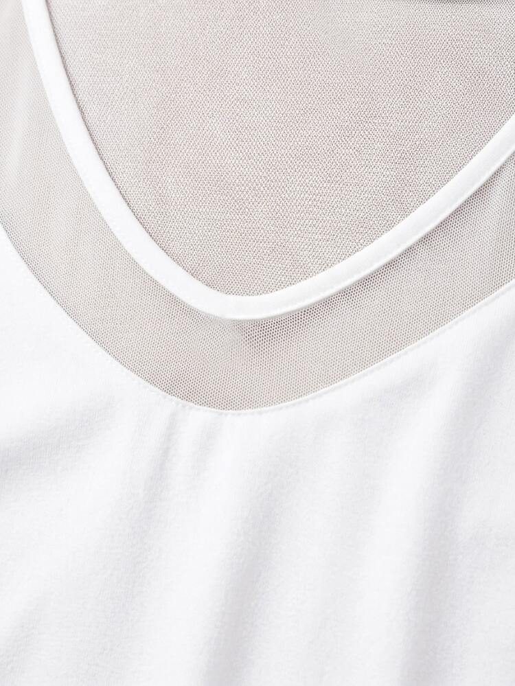 LUMIGAL Women's Solid Color Contrast Mesh V-Neck Long Sleeve Loose Top - White - View 5