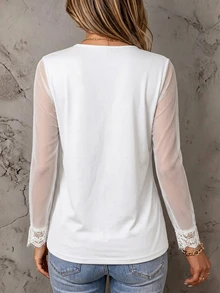 LUMIGAL Women's Solid Color Contrast Mesh V-Neck Long Sleeve Loose Top - White - View 2