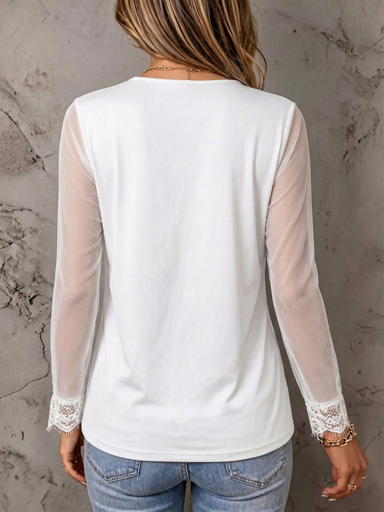 LUMIGAL Women's Solid Color Contrast Mesh V-Neck Long Sleeve Loose Top - White - View 2