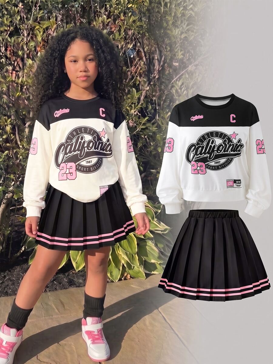 Genkimix Kids 青少年女孩白色粉色連帽衫裙子兩件套,運動風 80 年代,校園風,寬鬆針織復古迷你連身裙,秋冬服飾,拉鍊字母學生款 - 彩色 - 查看 1