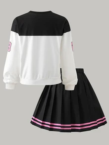 Genkimix Kids 青少年女孩白色粉色連帽衫裙子兩件套，運動風 80 年代，校園風，寬鬆針織復古迷你連身裙，秋冬服飾，拉鍊字母學生款 - 彩色 - 查看 2