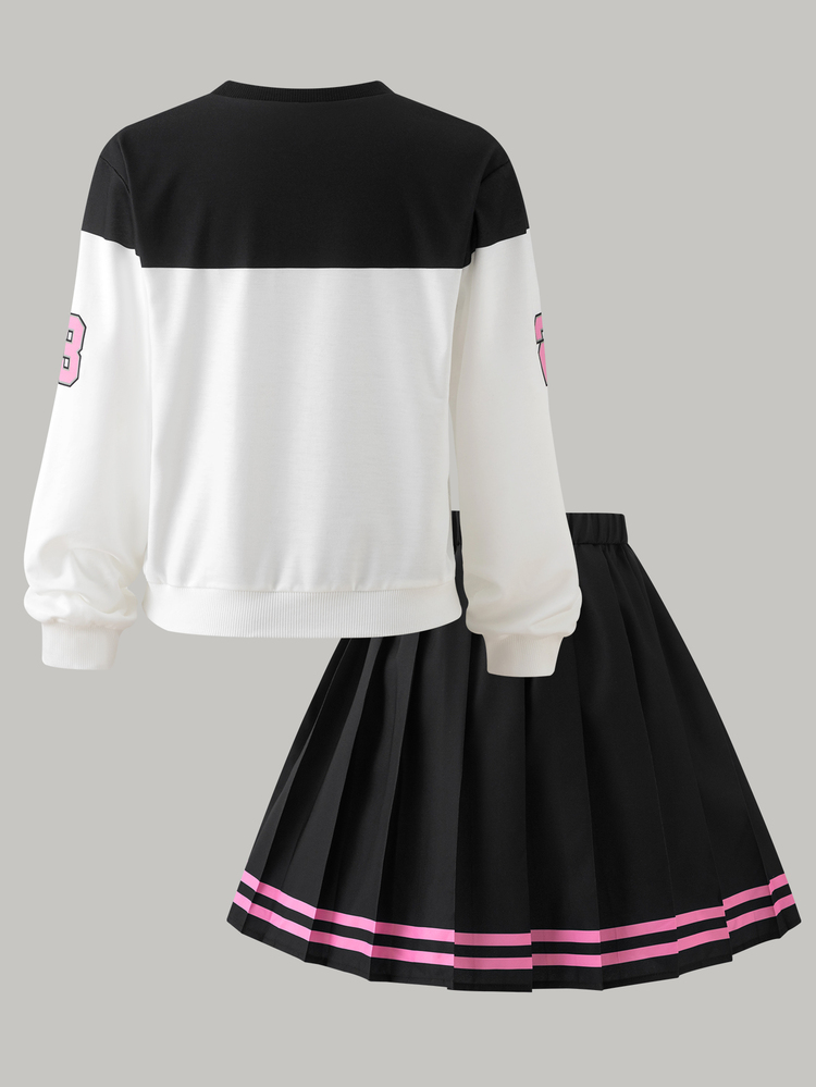 Genkimix Kids Tween Girls White Pink Hoodie Skirt 2 Pieces Set, Athletic 80s, School, Loose, Knit, Vintage, Autumn Winter Clothes, Mini Dress Pull Letter Student - Multicolor - View 2