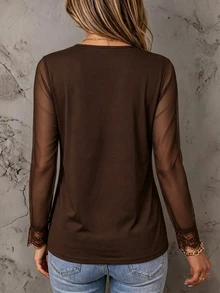 LUMIGAL 女款秋季服飾 素色拼接網紗V領長袖上衣 - 咖啡棕 - 查看 2