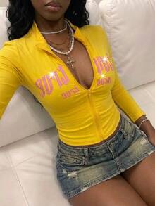 Fiercella Fiercella Women's Letter Print Rhinestone Decor Long Sleeve Lightweight Jacket Everyday Pink And Yellow Fall Y2k 90s - Yellow - View 5