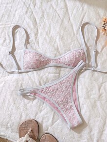 SHEIN Swim Women's Jacquard Fabric Spaghetti Strap Bikini Set, Spring/Summer - Multicolor - View 2
