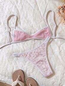 SHEIN Swim Women's Jacquard Fabric Spaghetti Strap Bikini Set, Spring/Summer - Multicolor - View 3