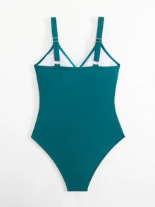 Swim SXY 1件条纹特殊面料交叉胸连体泳衣 - 墨綠色 - 查看 7