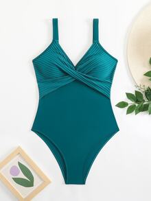 Swim SXY 1件条纹特殊面料交叉胸连体泳衣 - 墨綠色 - 查看 9