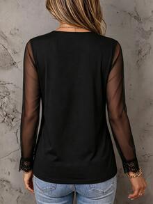 LUMIGAL Women's V-Neck Mesh Patchwork Casual Daily Wear Top - Black - View 2