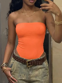 Fiercella Fiercella Streetwear Women's Sleeveless Strapless Bodysuit, Summer - Orange - View 3