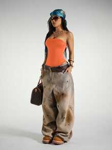 Fiercella Fiercella Streetwear Women's Sleeveless Strapless Bodysuit, Summer - Orange - View 5