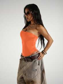 Fiercella Fiercella Streetwear Women's Sleeveless Strapless Bodysuit, Summer - Orange - View 8