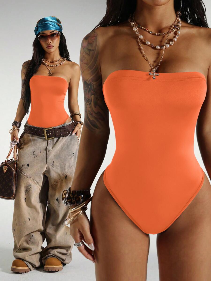 Fiercella Fiercella Streetwear Women's Sleeveless Strapless Bodysuit, Summer - Orange - View 1