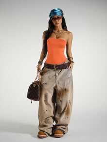 Fiercella Fiercella Streetwear Women's Sleeveless Strapless Bodysuit, Summer - Orange - View 6