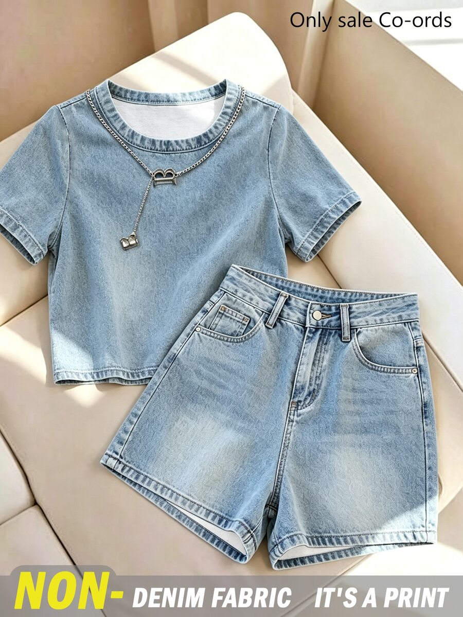 Franclia Women's Solid Color Round Neck Short Sleeve Top And Pocket Button Shorts Casual Daily 2 Pieces Set Everyday Going Out Light Blue Summer