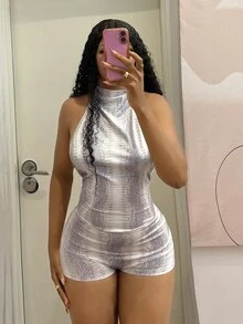 Fiercella Fiercella 女款印花掛脖露背無袖連身褲，非洲風時尚套裝，黑白豹紋，夏季性感，適合夜店外出 - 杏色 - 查看 4