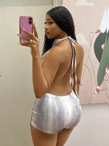 Fiercella Fiercella 女款印花掛脖露背無袖連身褲，非洲風時尚套裝，黑白豹紋，夏季性感，適合夜店外出 - 杏色 - 查看 3