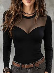 LUMIGAL Women's Autumn Fashion Sheer Mesh Patchwork T-Shirt - Black - View 1
