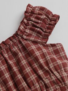 Sweetra 女款休閒時尚修身格紋露肩迷你洋裝 - 酒紅色 - 查看 7