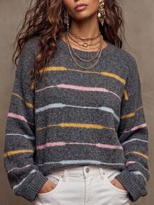 SHEIN Women's Colorblock Striped Round Neck Casual Versatile Knit Long Sleeve Loose Pullover Sweater, Suitable For Autumn/Winter Wear. - Grey - View 2