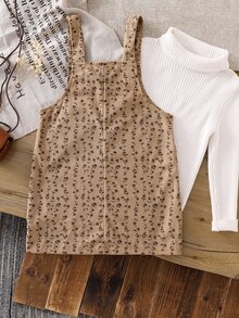 SHEIN Vintaside Kids 女童復古栗棕色碎花燈芯絨簡約百搭吊帶裙，附口袋與荷葉邊裙襬，適合秋冬戶外休閒活動 - 卡其色 - 查看 2