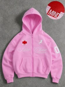 ROMWE MEN Men's Embroidered Zipper Pocket Long Sleeve Hoodie - Pink - View 1