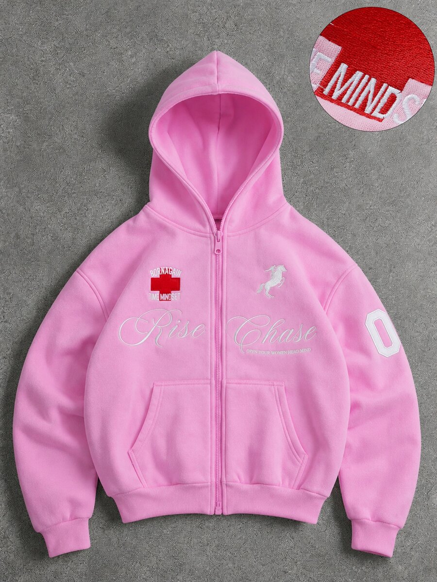 ROMWE MEN Men's Embroidered Zipper Pocket Long Sleeve Hoodie - Pink - View 1