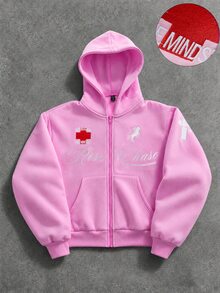 ROMWE MEN Men's Embroidered Zipper Pocket Long Sleeve Hoodie - Pink - View 8