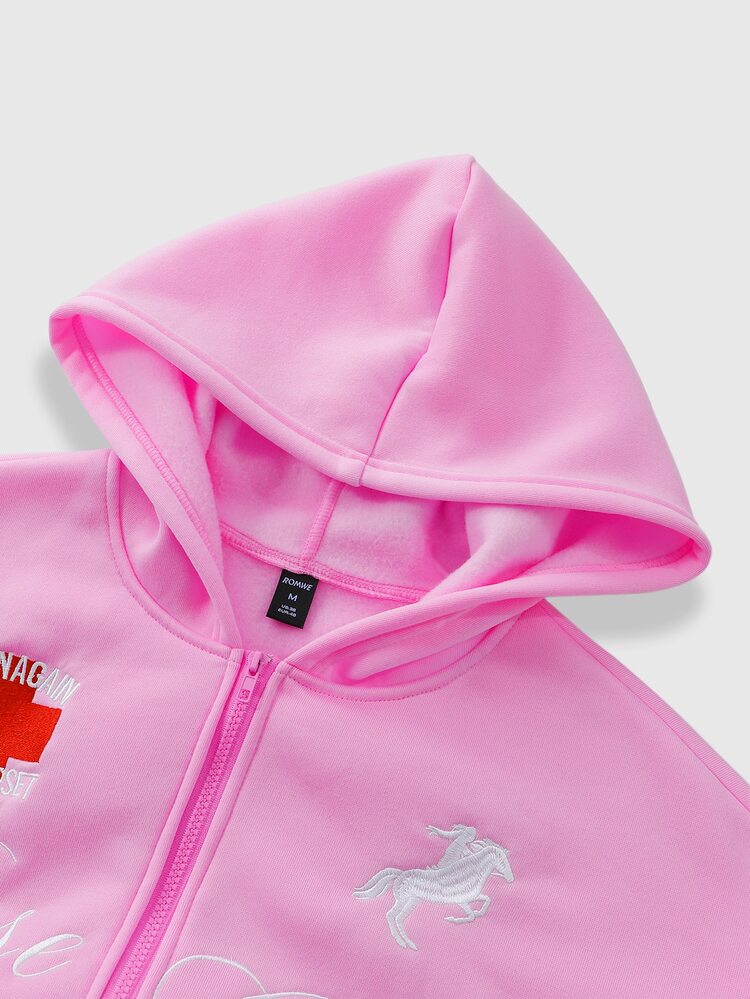 ROMWE MEN Men's Embroidered Zipper Pocket Long Sleeve Hoodie - Pink - View 4
