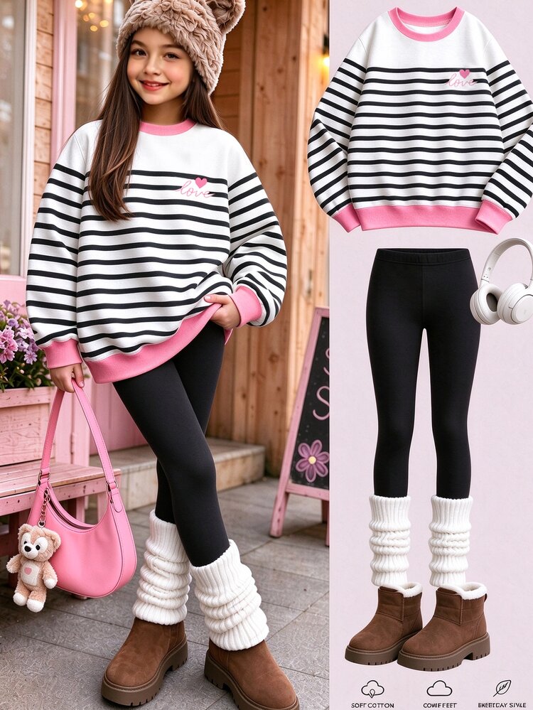 Tween Girls Casual Minimalist Fashion Classic Black & White Striped With Pink Logo Heart Pattern, Round Neck Long Sleeve Sweatshirt & Leggings Two Pieces Set Suitable For Autumn/Winter Y2K, Chill, Cozy Fall & Winter Styles, Chic Autumn - Multicolor - View 1