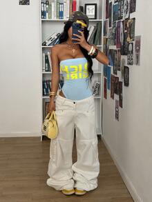 Fiercella Fiercella Streetwear Women's Summer Letter Print Bandeau Bodysuit - Blue - View 6