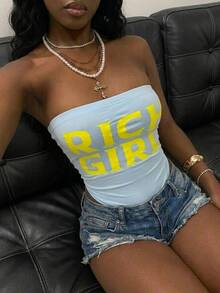 Fiercella Fiercella Streetwear Women's Summer Letter Print Bandeau Bodysuit - Blue - View 2