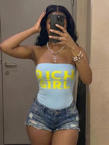 Fiercella Fiercella Streetwear Women's Summer Letter Print Bandeau Bodysuit - Blue - View 1