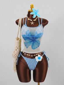 Elavelle Women's Random Print Halter 3-Piece Bikini Set, Spring/Summer Vacation White Navy Blue And White Tropical - Multicolor - View 3