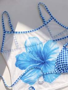 Elavelle Women's Random Print Halter 3-Piece Bikini Set, Spring/Summer Vacation White Navy Blue And White Tropical - Multicolor - View 6