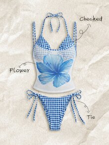 Elavelle Women's Random Print Halter 3-Piece Bikini Set, Spring/Summer Vacation White Navy Blue And White Tropical - Multicolor - View 1