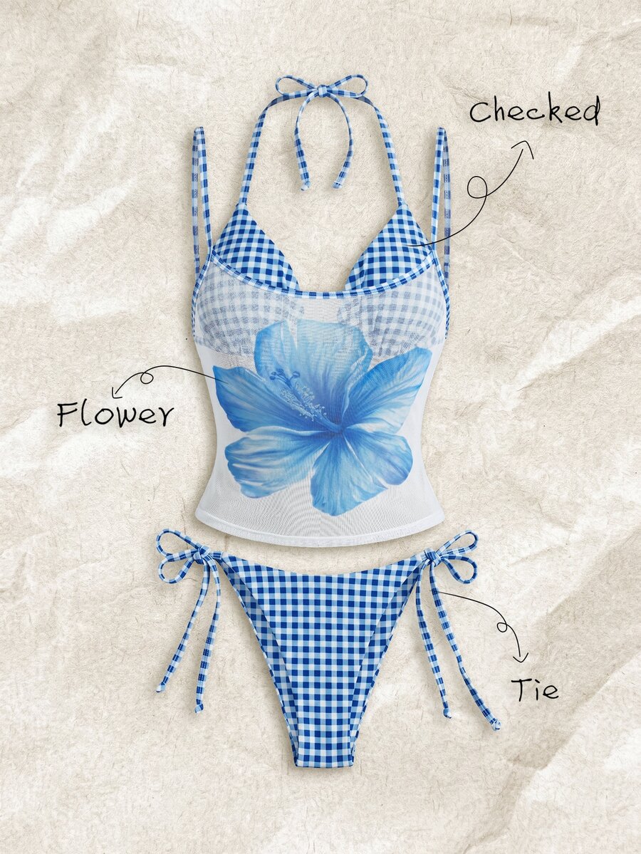 Elavelle Women's Random Print Halter 3-Piece Bikini Set, Spring/Summer Vacation White Navy Blue And White Tropical - Multicolor - View 1