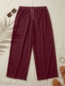 Swim Basics Setelan Atasan dan Celana Kasual Longgar Warna Polos untuk Wanita, Cocok untuk Liburan dan Perjalanan - Burgundy - View 3
