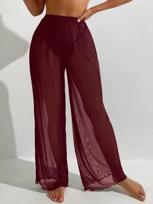 Swim Basics Setelan Atasan dan Celana Kasual Longgar Warna Polos untuk Wanita, Cocok untuk Liburan dan Perjalanan - Burgundy - View 6