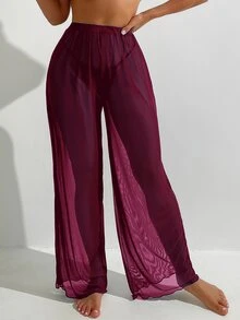 Swim Basics Setelan Atasan dan Celana Kasual Longgar Warna Polos untuk Wanita, Cocok untuk Liburan dan Perjalanan - Burgundy - View 4