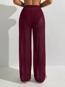 Swim Basics Setelan Atasan dan Celana Kasual Longgar Warna Polos untuk Wanita, Cocok untuk Liburan dan Perjalanan - Burgundy - View 2