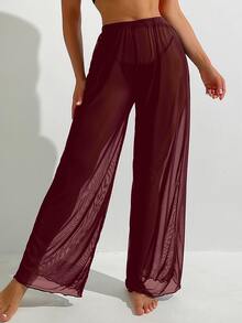Swim Basics Setelan Atasan dan Celana Kasual Longgar Warna Polos untuk Wanita, Cocok untuk Liburan dan Perjalanan - Burgundy - View 5