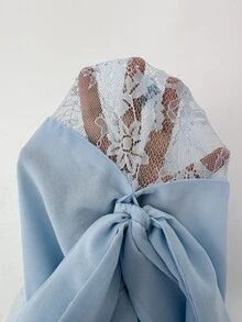 Modelyn High Neck Sheer Floral Lace Long Sleeve Dress, Front Tie Bow Ruched Waist Flowy Party Dinner Wedding Light Blue Autumn Romantic Elegant - Blue - View 9