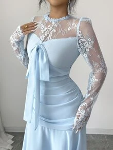 Modelyn High Neck Sheer Floral Lace Long Sleeve Dress, Front Tie Bow Ruched Waist Flowy Party Dinner Wedding Light Blue Autumn Romantic Elegant - Blue - View 5