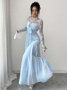 Modelyn High Neck Sheer Floral Lace Long Sleeve Dress, Front Tie Bow Ruched Waist Flowy Party Dinner Wedding Light Blue Autumn Romantic Elegant - Blue - View 8