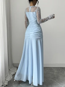 Modelyn High Neck Sheer Floral Lace Long Sleeve Dress, Front Tie Bow Ruched Waist Flowy Party Dinner Wedding Light Blue Autumn Romantic Elegant - Blue - View 3