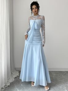 Modelyn High Neck Sheer Floral Lace Long Sleeve Dress, Front Tie Bow Ruched Waist Flowy Party Dinner Wedding Light Blue Autumn Romantic Elegant - Blue - View 7